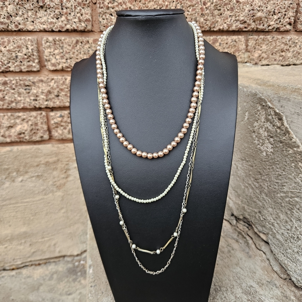Aeropostale Rose Gold White Silver Layered Necklace Faux Pearl Chain Statement